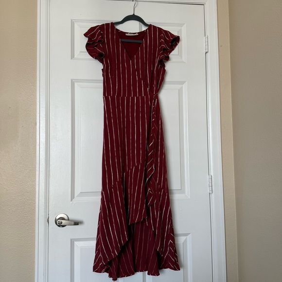 Abercrombie & Fitch dress Wrap maroon red stipe asymmetrical Medium - Picture 2 of 11
